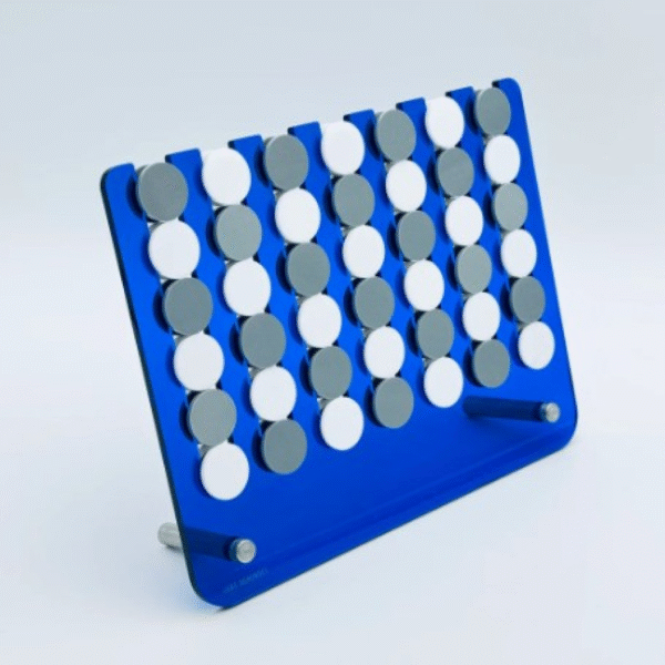 acrylic connect four game set with blue board and white and gray pieces