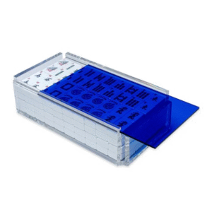 Mahjong pieces in clear case with blue lid