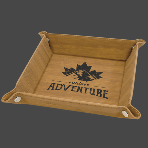 Bamboo 6x6 valet tray with black logo