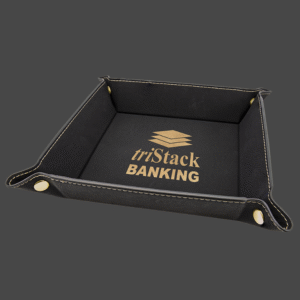 Black 6x6 valet tray with gold logo