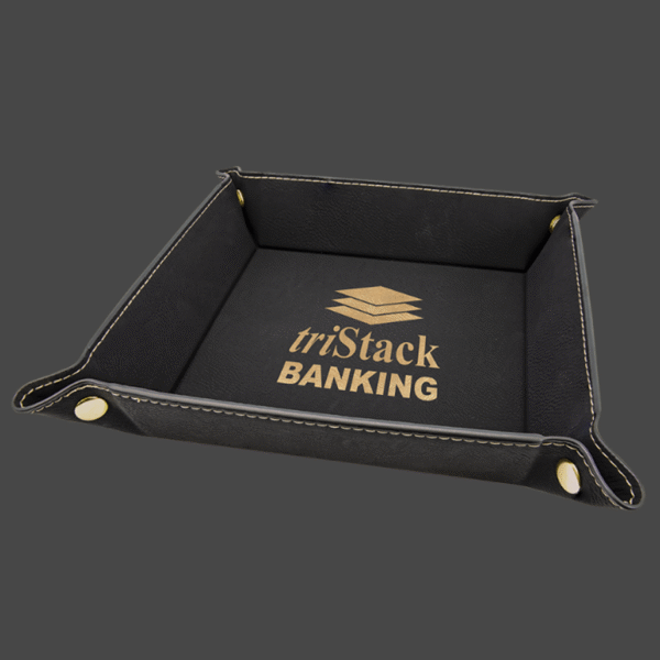 Black 6x6 valet tray with gold logo