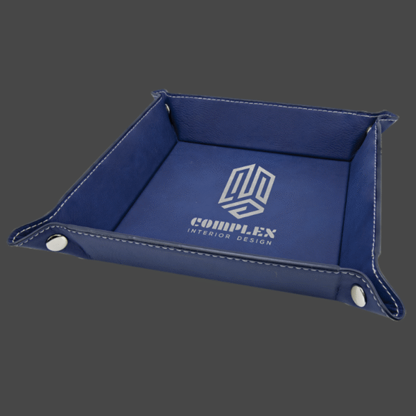 Blue 6x6 valet tray with silver logo