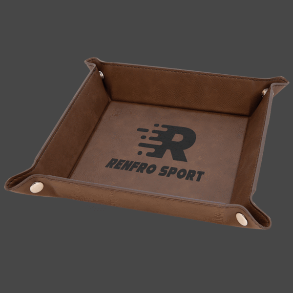 Dark brown 6x6 valet tray with black logo