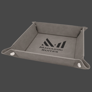 Gray 6x6 valet tray with black logo