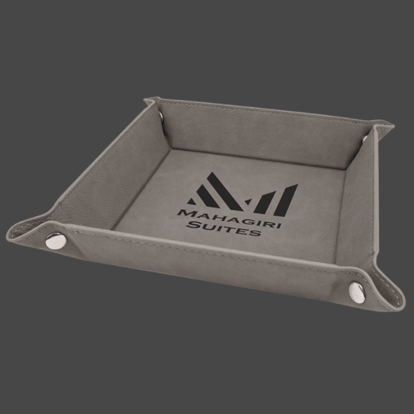 Gray 6x6 valet tray with black logo