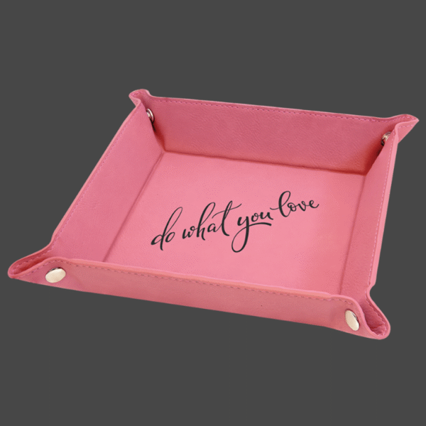 Pink 6x6 valet tray with black logo