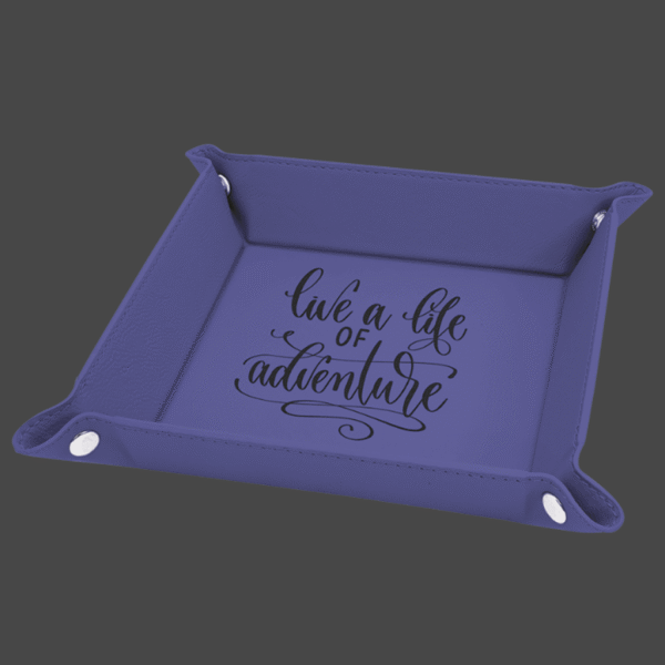 Purple 6x6 valet tray with black logo