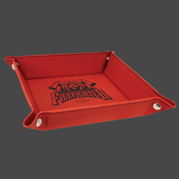 Red 6x6 valet tray with black logo