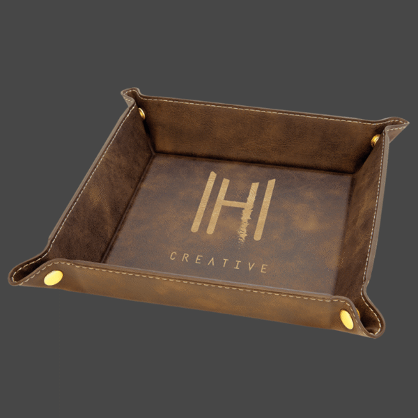 Rustic 6x6 valet tray with gold logo