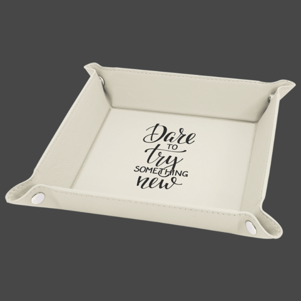 White 6x6 valet tray with black logo