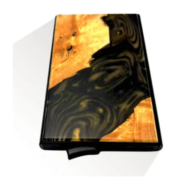 Resin and wood wallet in black, gold, and wood color combination