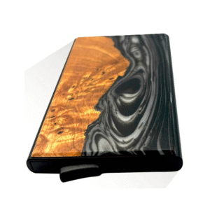 Resin and wood wallet in black, silver, and wood color combination