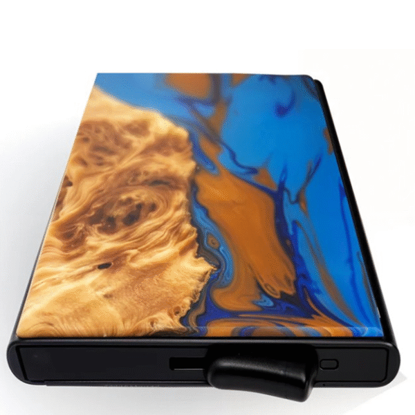 Resin and wood wallet in coffee, dark blue, blue and wood color combination
