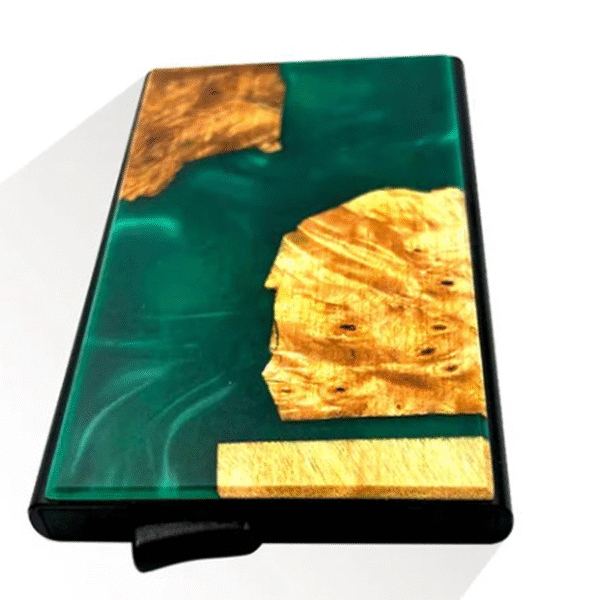 Resin and wood wallet in cyan and wood color combination