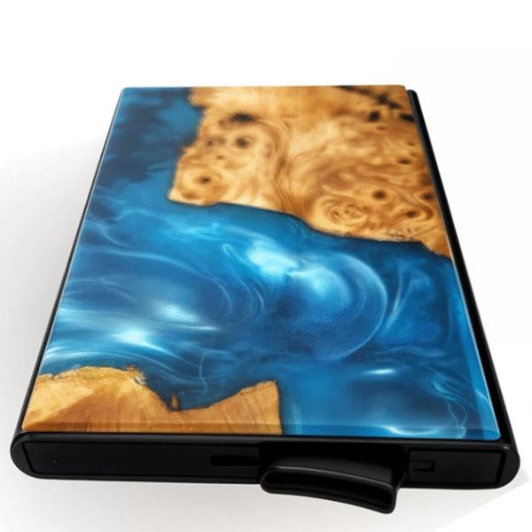 Resin and wood wallet in light blue and wood color combination