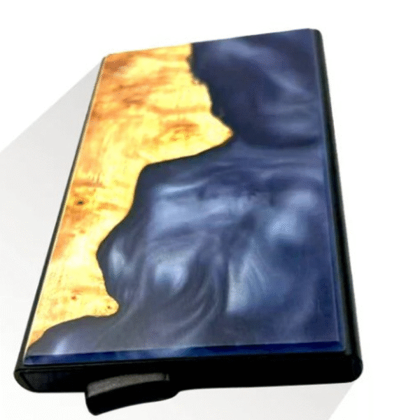 Resin and wood wallet in navy blue and wood color combination