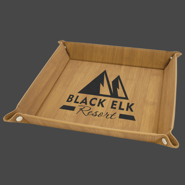 9x9 bamboo valet tray withblack silver logo