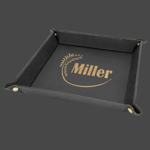 9x9 black valet tray with gold logo