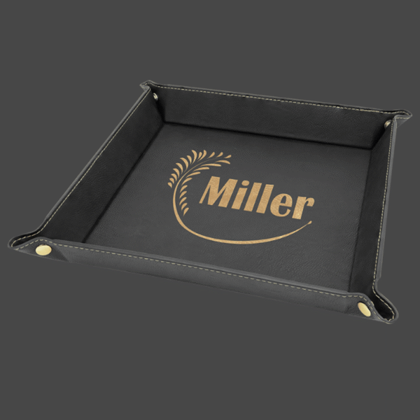 9x9 black valet tray with gold logo