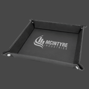 9x9 black valet tray with silver logo