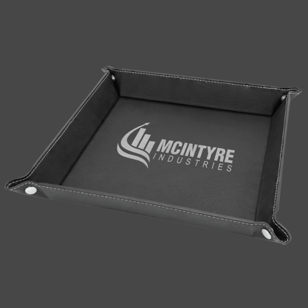 9x9 black valet tray with silver logo