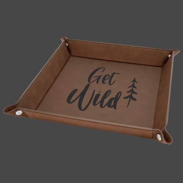 9x9 dark brown valet tray with black logo