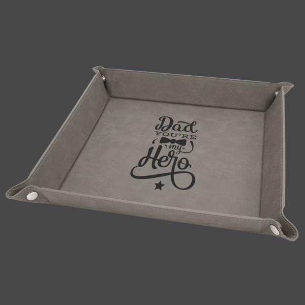 9x9 gray valet tray with black logo