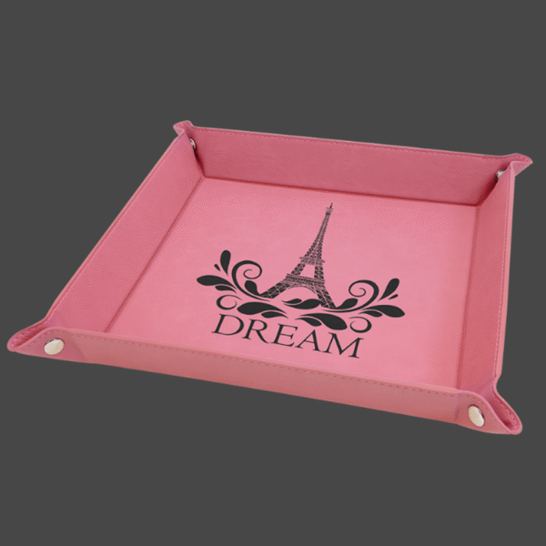 9x9 pink valet tray with black logo
