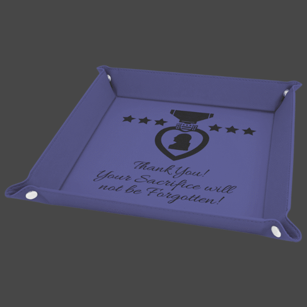 9x9 purple valet tray with black logo