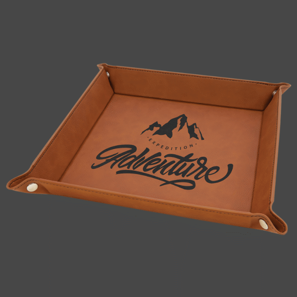9x9 rawhide valet tray with black logo