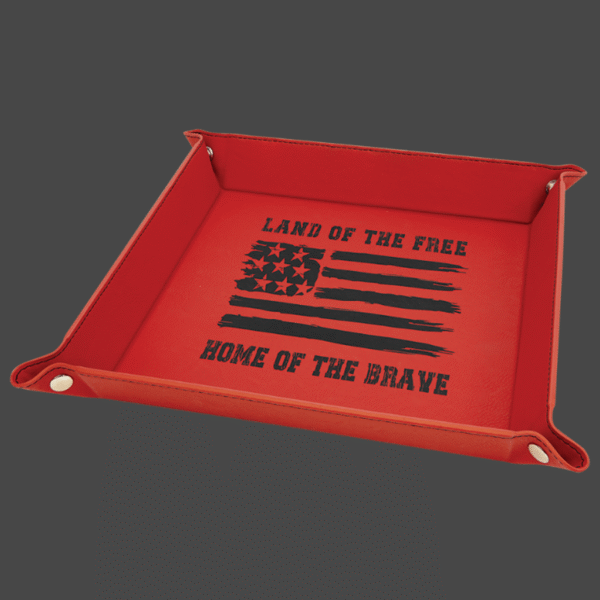9x9 red valet tray with black logo