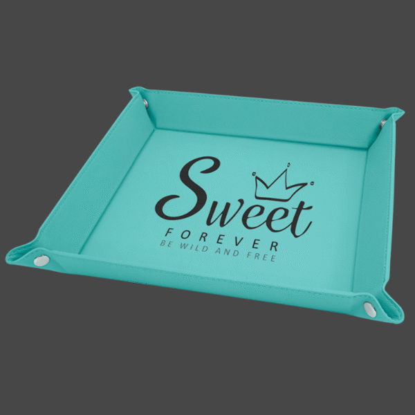 9x9 teal valet tray with black logo