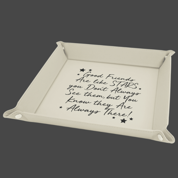 9x9 white valet tray with black logo