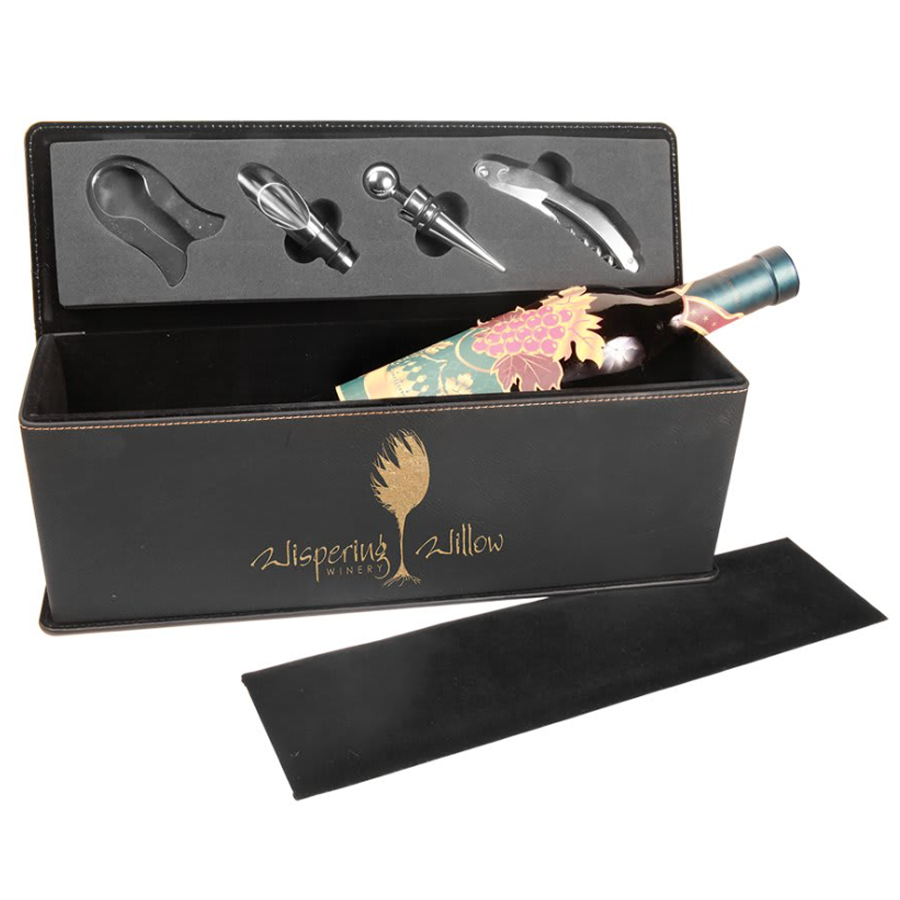 Wine box with tools and a bottle of wine. Logo is gold on black leatherette.