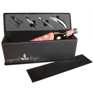 Wine box with tools and a bottle of wine. Logo is silver on black leatherette