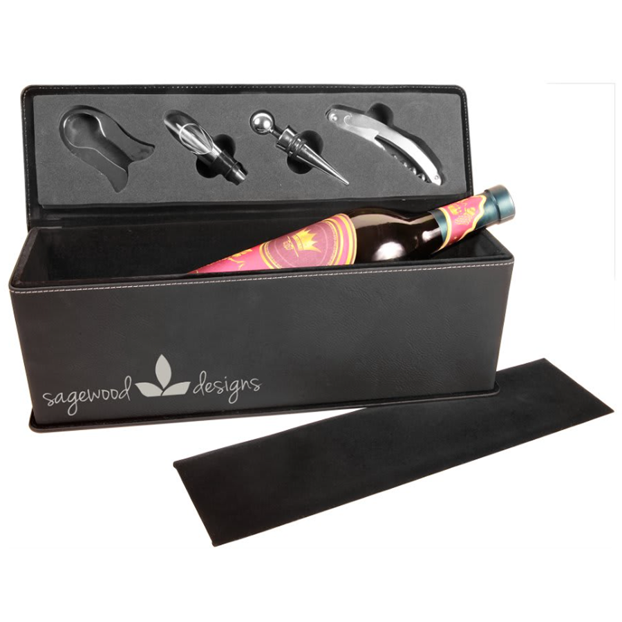 Wine box with tools and a bottle of wine. Logo is silver on black leatherette
