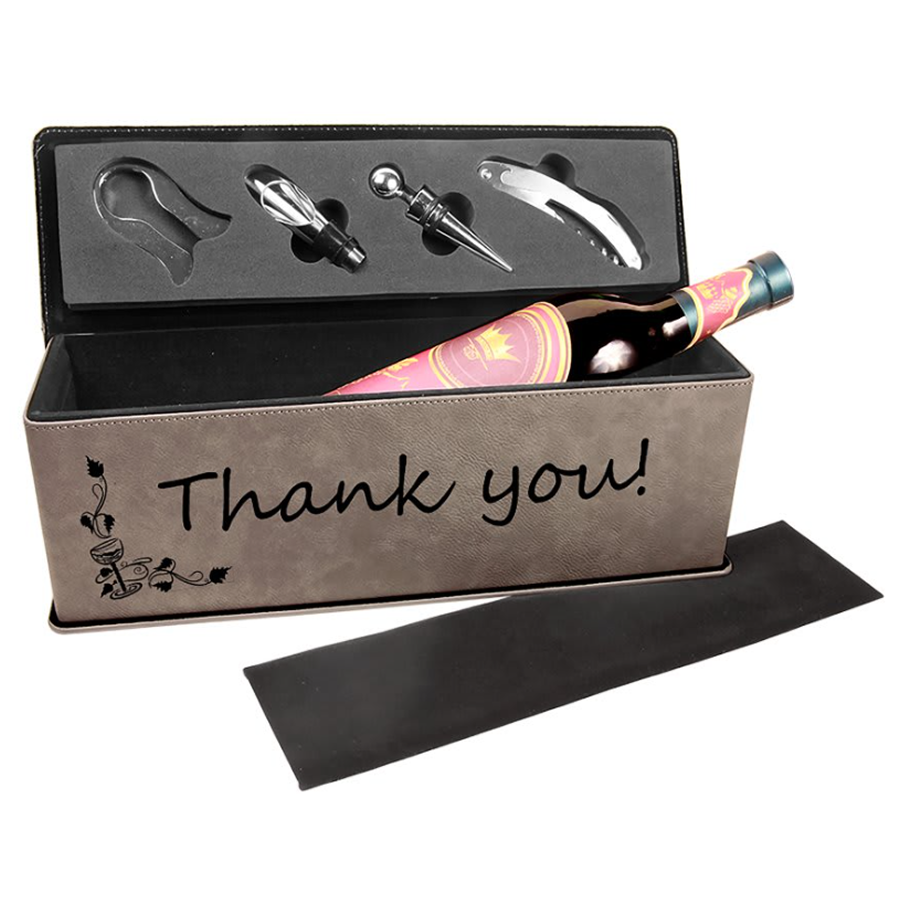 Wine box with tools and a bottle of wine. Logo is black on gray leatherette