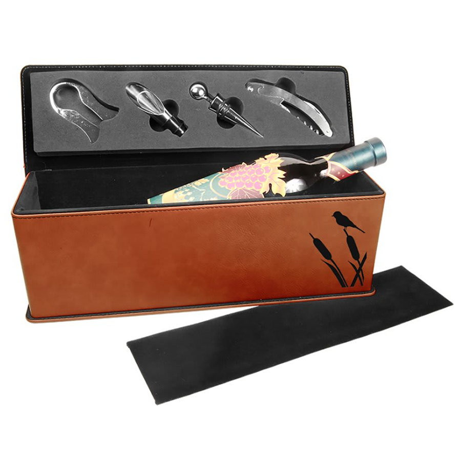 Wine box with tools and a bottle of wine. Logo is black on rawhide leatherette