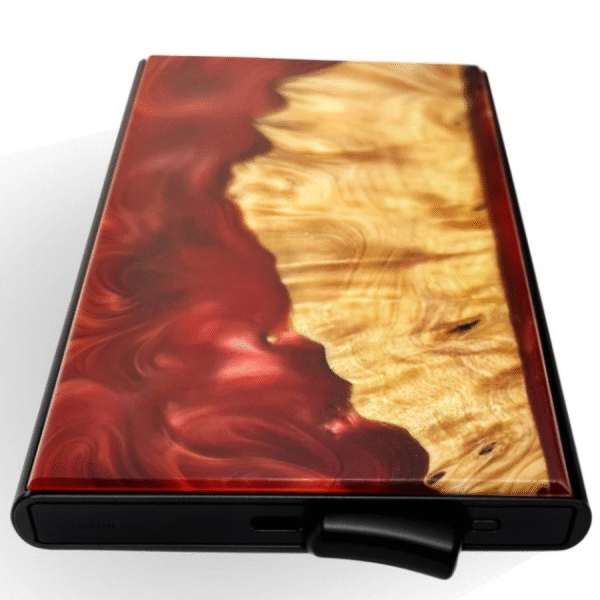 Resin and wood wallet in wine red and wood color combination