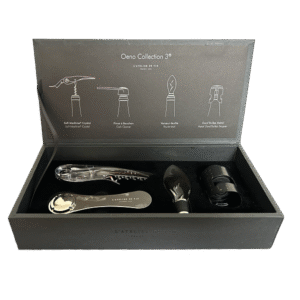 Four piece luxury wine tool set with item purpose listed