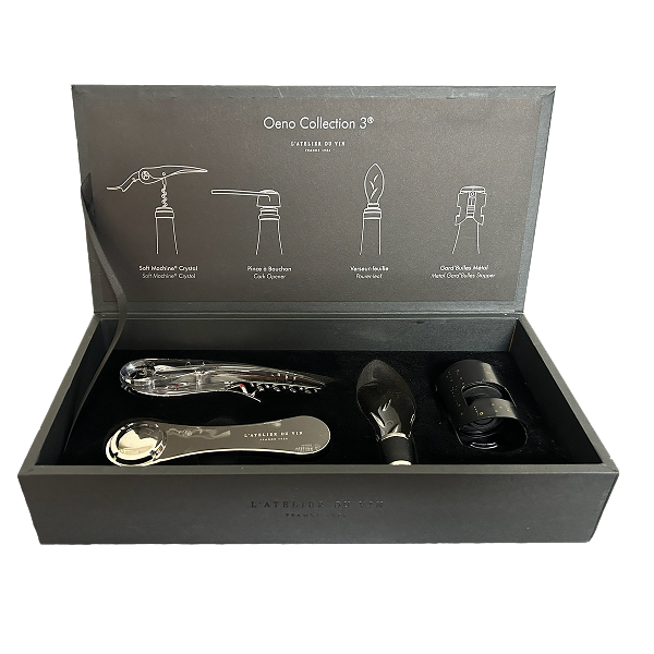 Four piece luxury wine tool set with item purpose listed