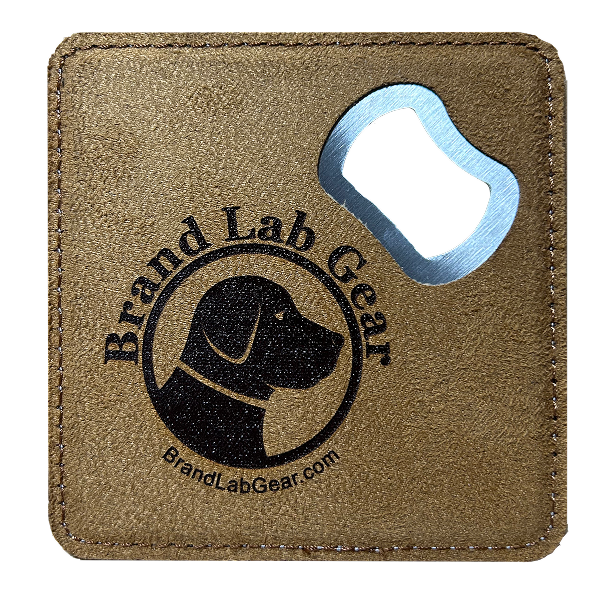 Backside of coaster with bottle opener with Brand Lab Gear logo laser engraved